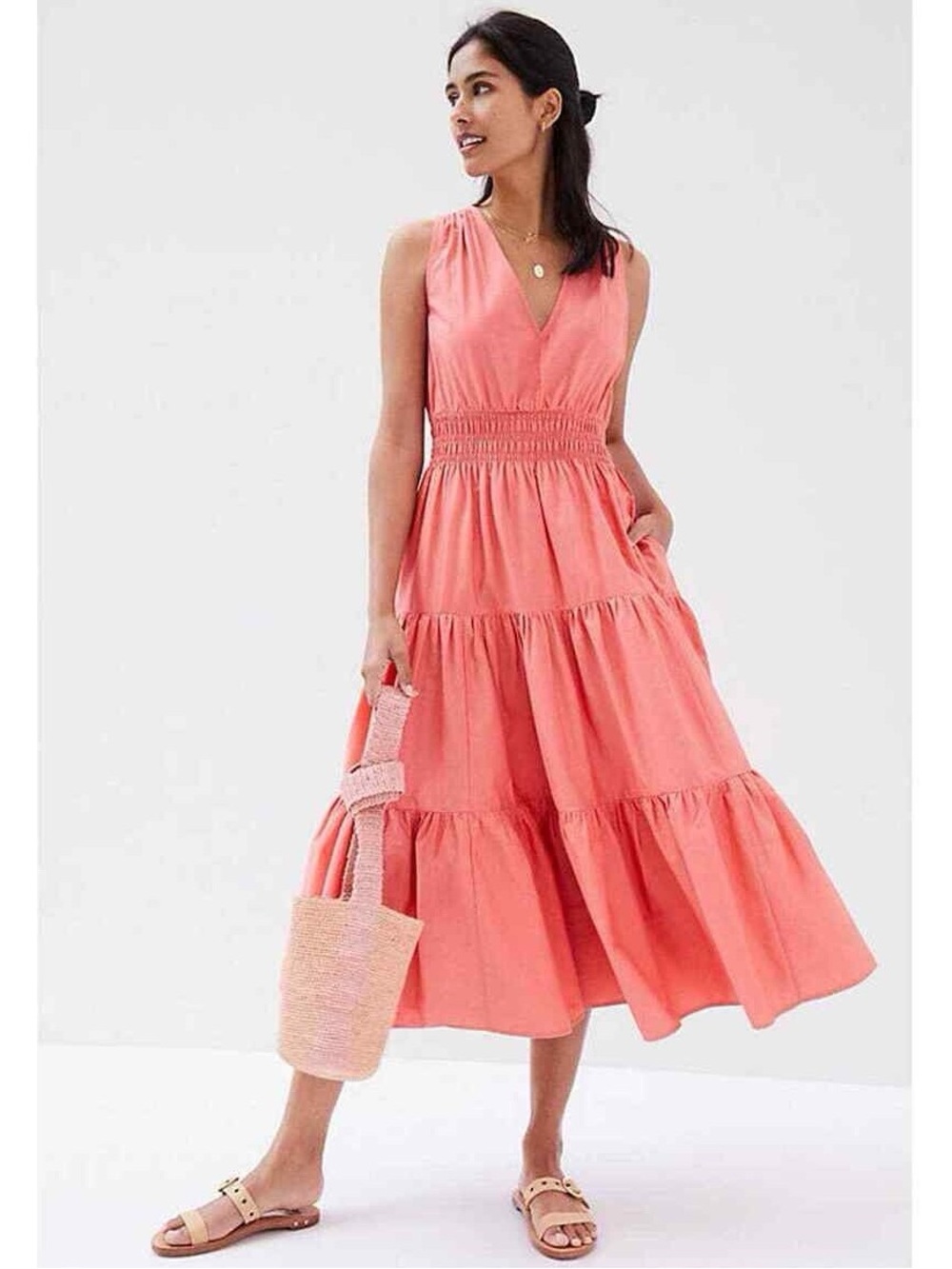 Anthropologie Maeve cotton tiered midi dress rose coral pink
